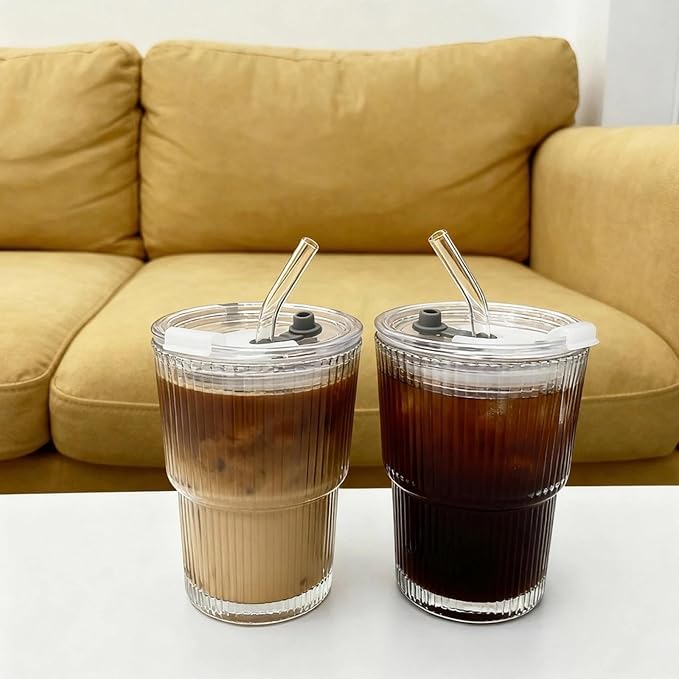 Ribbed Glass Tumbler with Lid and Straws, Resuable Ice Coffee Cups, To Go Iced Coffee Cups for Water, Smoothie, Matcha, Iced Tea Fruit Juice, Clear, 13oz, Set of 4