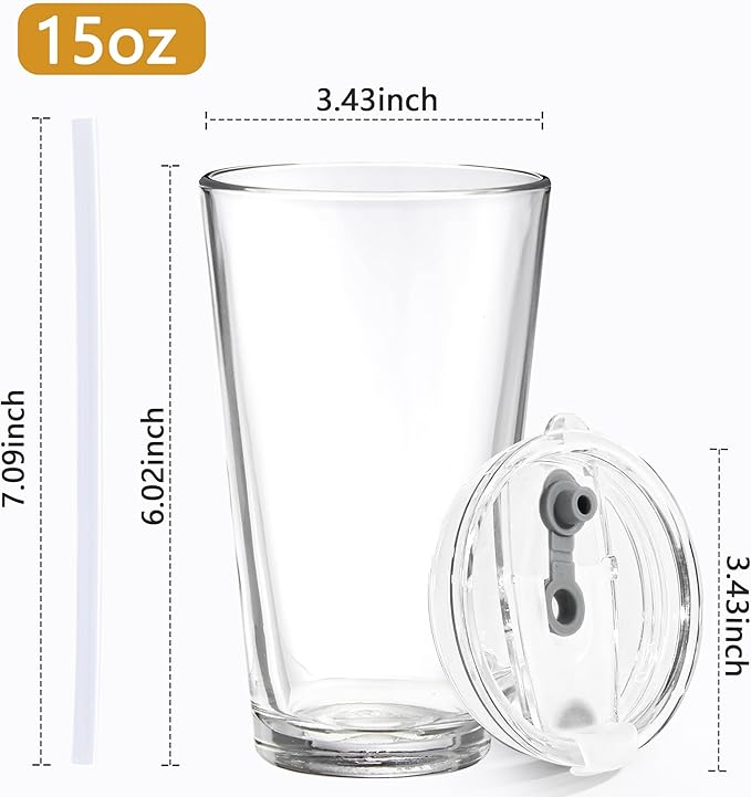 15oz Glass Cups with Lids and Straws Iced Coffee Glasses Tumbler Leak Proof Drinking Glasses Set of 2 for Gift Cold Drink Smoothie Boba Tea(Blue & Clear)