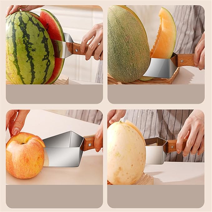 Triangle Watermelon Cutter – Stainless Steel Watermelon Slicer with Wooden Handle – Multi-Function Fruit Cutter Tool – Ideal for Watermelon, Pineapple, and Other Summer Fruits (2pcs)
