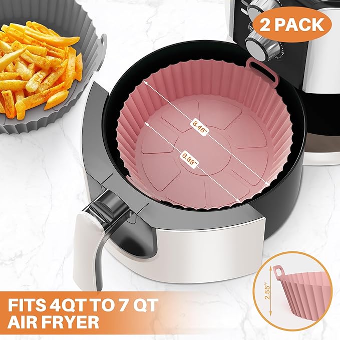ME.FAN Air Fryer Silicone Liners for 4 to 7 QT [2 Pack] Reusable Air Fryer Basket with Handles & Holes Light Grey + Teal Blue