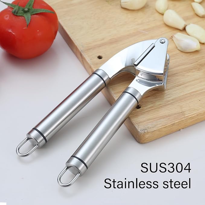 Garlic Press Stainless Steel - Premium Professional Grade Garlic Mincer, Crusher & Peeler Set - Easy Clean, Dishwasher Safe & Rust-proof(A)