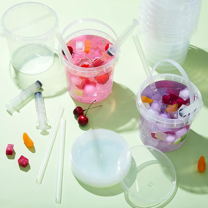 Willinglong 20 Set 50oz Clear Plastic Drink Buckets Rum Buckets for Drink with Straws, Lids and Beverage Syringes Reusable Iced Coffee Cups for Rum Wine Beer Cocktail Beverage Lemonades