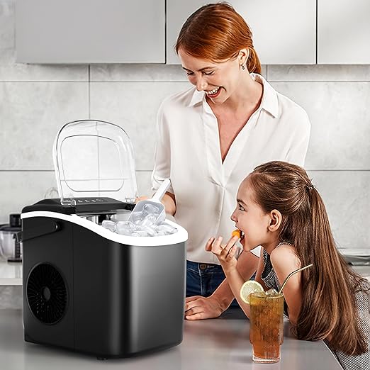 Crzoe Portable Countertop Ice Maker Machine with Handle, 9 Bullet-Shaped Ice Cubes Ready in 6 Mins, 26Lbs/24H, Self-Cleaning Function with Ice Scoop and Basket for Home/Kitchen/Party(Black)