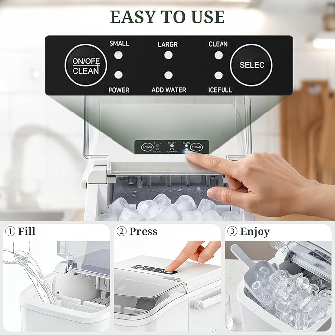 Ice Maker, Portable Ice Makers Countertop with Handle, Basket & Scoop, 26Lbs/24Hrs, 9 Bullet Ice Cubes in 6 Mins, 2 Ice Sizes, Self-Cleaning, Quiet Compact Ice Machine for Home Kitchen Party, White