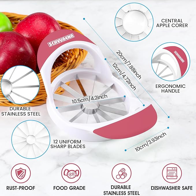 SCHVUBENR 12-Blade Apple Slicer and Corer - 4.72 Inch Sharp Stainless Steel Apple Cutter - Professional Apple Divider Tool for Quick Slices - Easy to Use & Clean - Slice Fruits with Ease - Pink