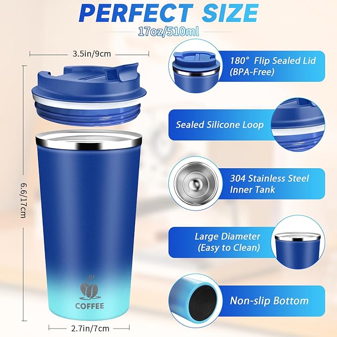 Insulated Travel Coffee Mug Reusable Coffee Tumbler Cup with Flip Lid Leak Proof Spill Proof for Office School Party Camping Hot and Cold Drink,Stainless Steel 17oz (Blue)