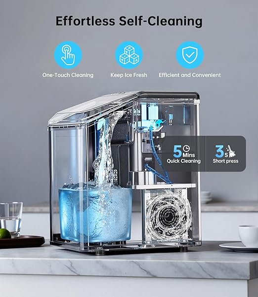Ice Maker Nugget Countertop 40LBS Pebble Ice Machine,Quick Ice Making,Soft Crunchy Sonic Portable Small Frozen Ice Makers, Quiet Anti-Scale Self Cleaning Tabletop/Office/Home/Party/Camping,Metal Black