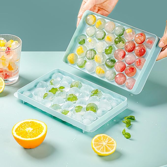 Ice Cube Tray with Lid, 33 Sphere Ice Cube Mold for Freezer, Stackable Round Ice Ball Maker Circle Ice Trays for Cocktails, Whiskey, Coffee, Drinks (Blue)