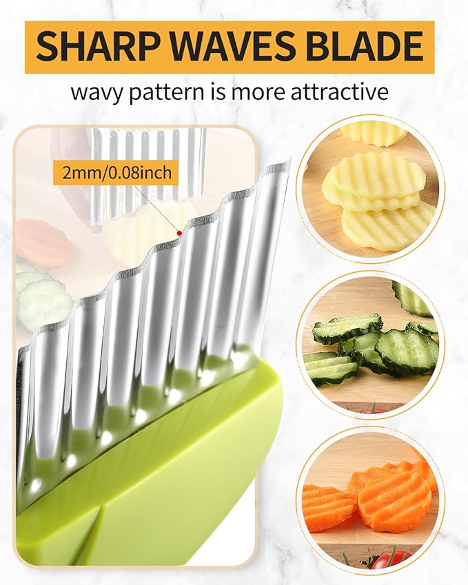 Crinkle Cutter Stainless Steel Potato Slicer Heavy Duty Wavy Crinkle Cutting Chopping Tools with Wooden Handle for Carrot Veggies (2, Green)