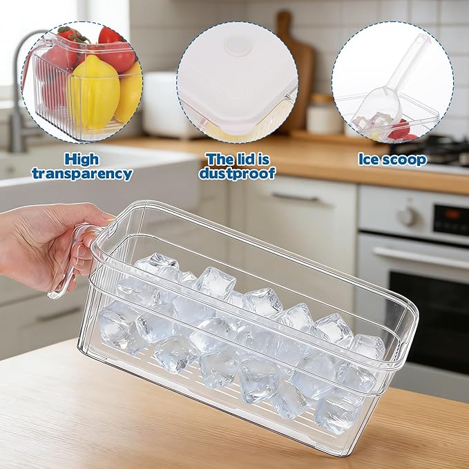 CIEOVO 2 Set Ice Bin for Freezer with Lid and 2 Scoop Set Plastic Freezer Ice Bin with Pull-Out Handle Clear Storage Bucket Kitchen Food Storage Organizer for Home Office Fridge Kitchen