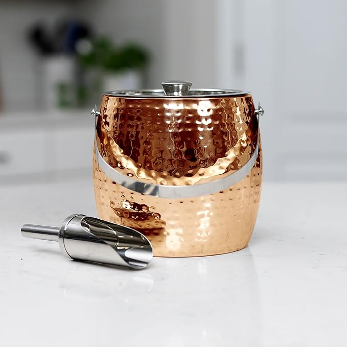 BREKX 3QT Insulated Ice Bucket for Parties with Lid and Scoop- Sweat-Free One Bottle Wine Chiller/Champagne Bucket or Ice Bucket for Cocktail Bar, Leak Proof & Easy to Clean, Rose Gold