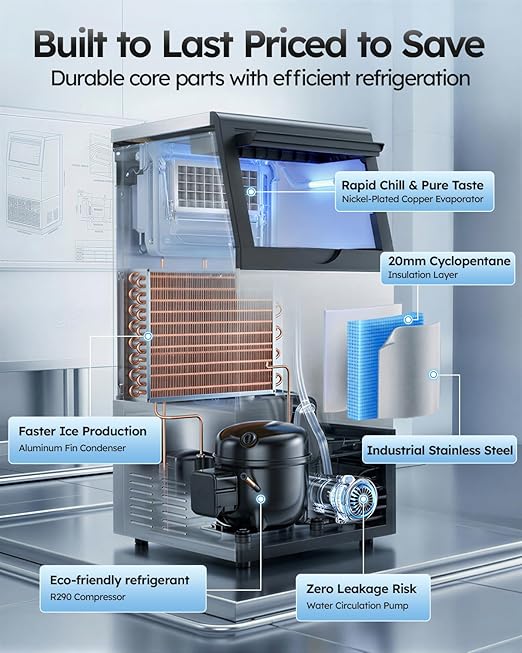 Commercial Ice Maker, 100lbs/24H with 33lbs Ice Storage Under Counter ice Machine, Stainless Steel Freestanding Ice Maker Self-Cleaning for Bar/Cafe/Restaurant