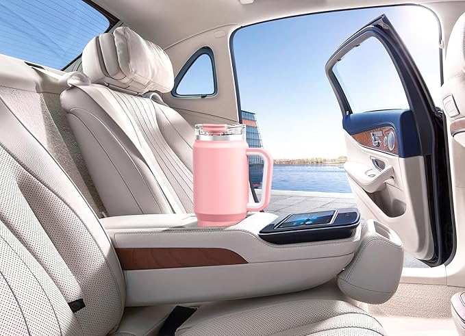 Meoky 32 oz Tumbler with Handle, Insulated Tumbler with Lid and Straw, Stainless Steel Travel Mug, Keeps Cold for 24 Hours, 100% Leak Proof, Fits in Car Cup Holder (Blush)