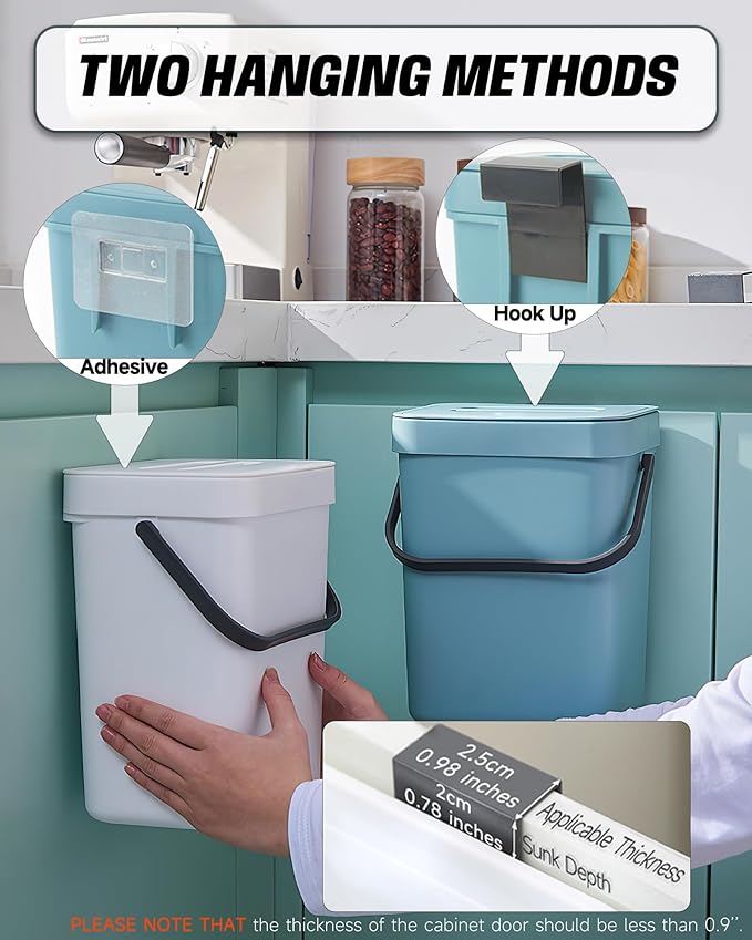 1.3 Gallon Small Trash Can with Lid - Countertop Food Waste Bin, Kitchen Hanging Trash Can for Cabinet Door/Under Sink, Small Garbage Can for Desk, 5L(Subtle Blue)