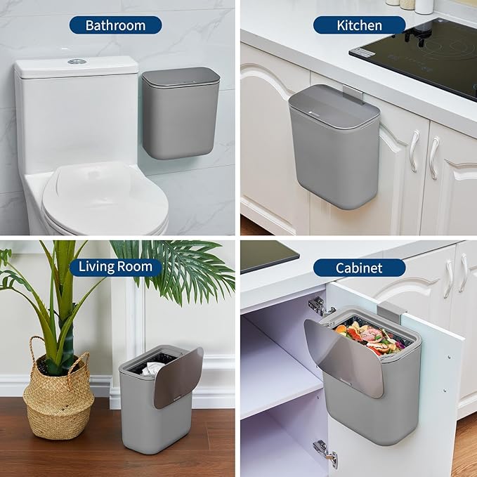 PrecisionAuto 2.4 Gallon/9L Hanging Trash Can with Stainless Steel Lid, Mountable Under Sink Compost Bin for Kitchen Cabinet Door, Food Waste Bin for RV, Bathroom, Office - Grey
