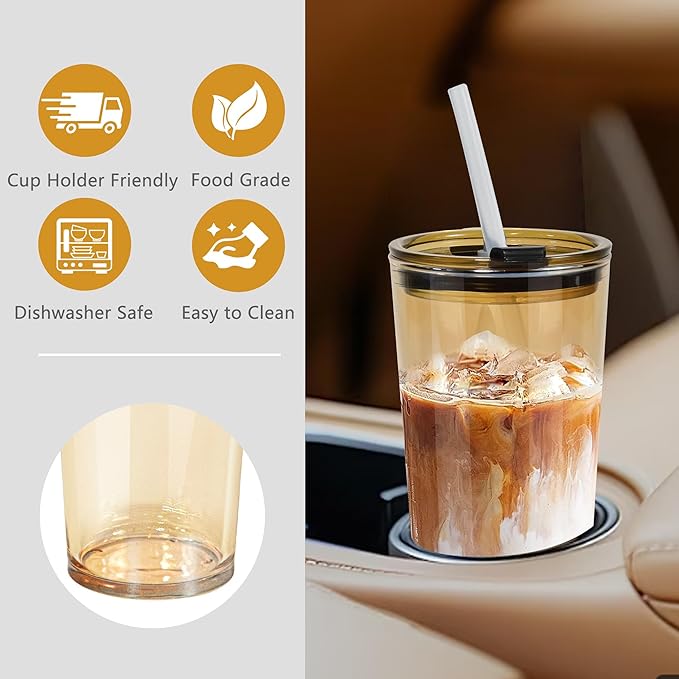 24oz 2 Pcs Glass Cups with Lids and Straws Drinking Glasses Tumbler Leak Proof Iced Coffee Cup Glass for Gift Cold Drink Smoothie Boba Tea(Amber*2)