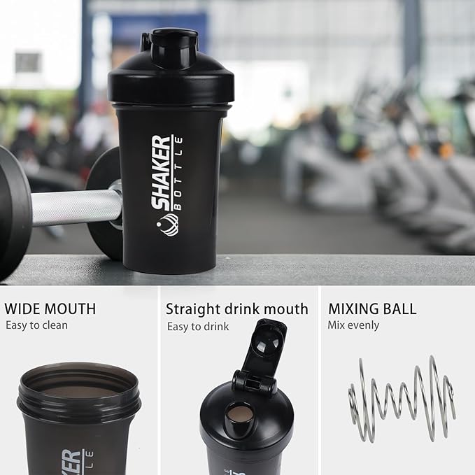 Shaker Bottle,400ml Small Protein Shaker Bottle with Mixing Ball, Portable 14oz GYM Shakes Cup for Workout,BPA free, 100% Leak Proof,Dishwasher Safe（Black）