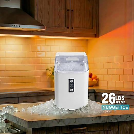 Nugget Ice Maker Countertop, Portable Ice Makers Machine with Removable Basket and Scoop, Self-Cleaning, Quiet, 6-Min Ready, 24lbs in 24Hrs, Visible, for Home, Party, RV, Camping, White