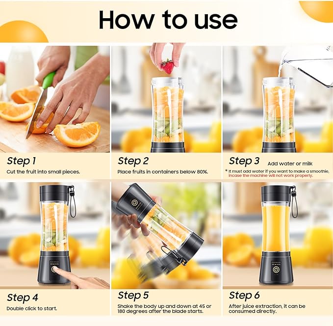 Portable Blender for Smoothies & Shakes - Cordless Personal Size Mini Blender with BAP Free Juice Cup, USB Rechargeable Suit for Sports/Picnic