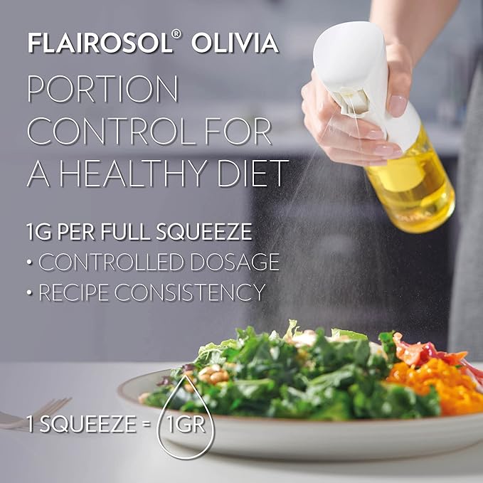 FLAIROSOL OLIVIA. The Original Advanced Oil Sprayer for Cooking, Salads, BBQs and More, Continuous Spray with Portion Control, Trusted by Chefs. Patented Technology. (Glass Bottle) (White Print)