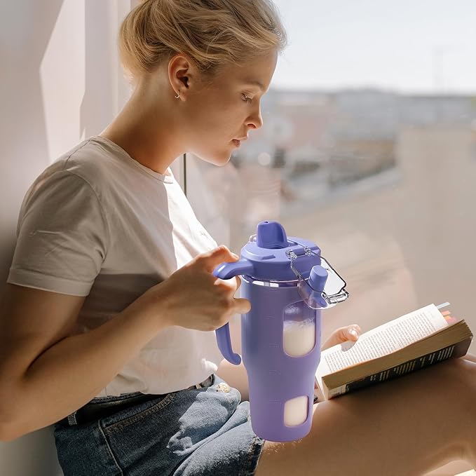 32oz Glass Tumbler with Straw Handle and 2-IN-1 Sip & Spout Lid, Reusable Iced Coffee Cup for Smoothie, Matcha, Leakproof Glass Water Bottle with Straw and Silicone Sleeve, BPA Free-Purple