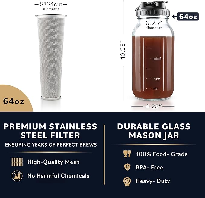 Home Hero Cold Brew Coffee Maker Glass Pitcher - Easy Mason-Style Cold Brew Jar - Smooth Iced Coffee Maker Experience - Leakproof Flip Cap & On-the-Go Lid for Iced Tea Pitcher - 64 Oz, Black
