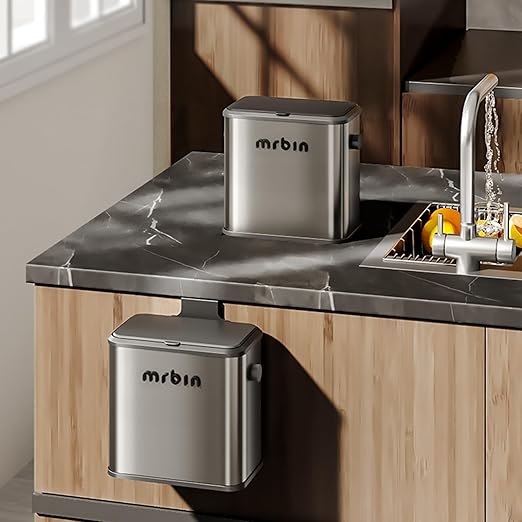 MRBIN Stainless Steel Compost Bin Countertop with Lid, Hanging Trash Can for Kitchen Cabinet Door, Indoor Recycle Basket Food Waste Scrap Dustbin for Kitchen Under Sink with Inner Bucket