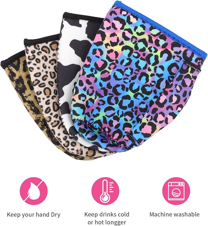 4Pack Reusable Iced Coffee Sleeve Insulator Sleeves for Cold Drinks Beverages, Neoprene Cup Holder for Most Coffee, Fits 22-24oz Medium Cups (Animal Pattern With Handle)