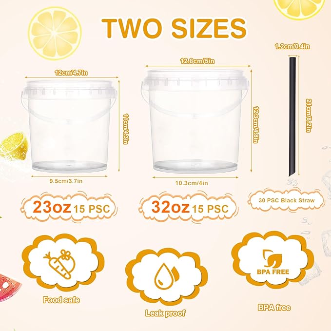30 Pcs Drink Buckets with Lids and Straws for Parties 15x 23oz + 15x 32oz Cocktails Buckets Reusable Clear Plastic Food Containers with 50 Pcs Summer Stickers