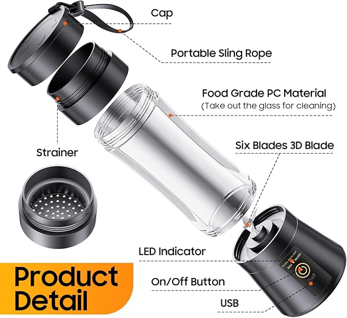 Portable Blender for Smoothies & Shakes - Cordless Blender with 380Ml Traveling Cup, 6 Stainless Steel Blades, BAP Free, Easily Making Fresh Juice for Office/Gym