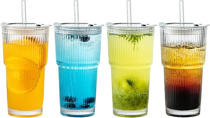 20 oz Ribbed Glass Tumbler with Lids and Straws - 4 Pack Iced Coffee Cups, Thickened Glass,cups for Iced Coffee, Smoothies, Cocktails and Juices 20.6 Cu. Ft.Freezer Refrigerator
