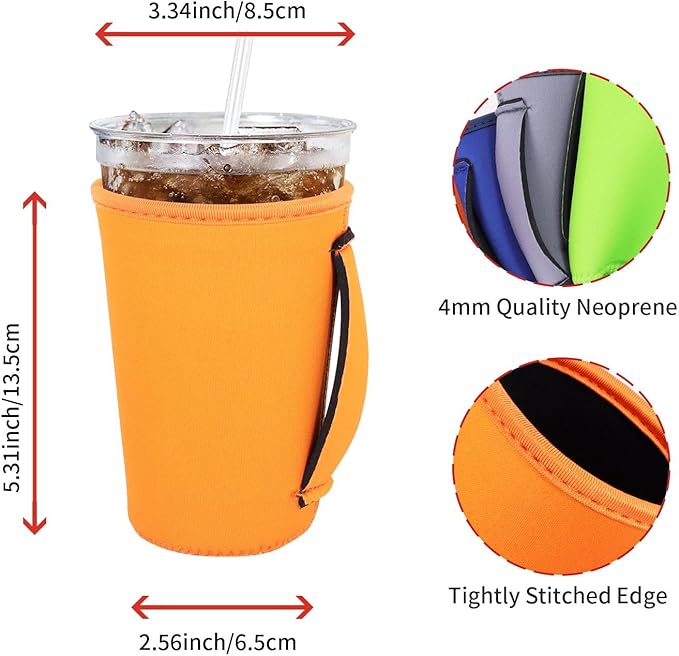 4Pack Reusable Iced Coffee Sleeve Insulator Sleeves for Cold Drinks Beverages, Neoprene Cup Holder for Most Coffee, Fits 22-24oz Medium Cups (Classic Color with Handle)