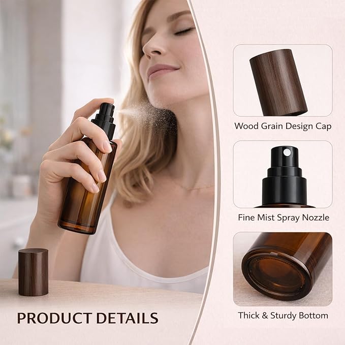 4Packs 60ml/2Oz Amber Glass Spray Bottle Refillable Fine Mist Sprayer with Wood Grain Cap Reusable Empty Container for Perfume, Essential Oils, Room Spray