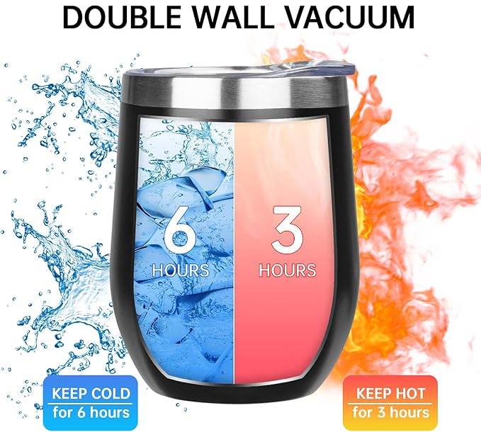 MEZMUT 12 Oz Insulated Wine Tumbler with Lid Double Wall Vacuum Stainless Steel Wine Glass Coffee Mug Insulated Tumbler Cup for Champaign, Cocktail, Beer (Black, 6 Pack)