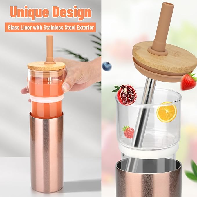 Tronco 20 oz Vacuum Insulated Glass Tumbler with Lid and Straw - Keeps Drinks Cold for 12 Hrs - Reusable Glass Cup for Iced Coffee, Smoothies & Boba - Sweat & BPA Free, Dishwasher Safe, Fit Car Holder