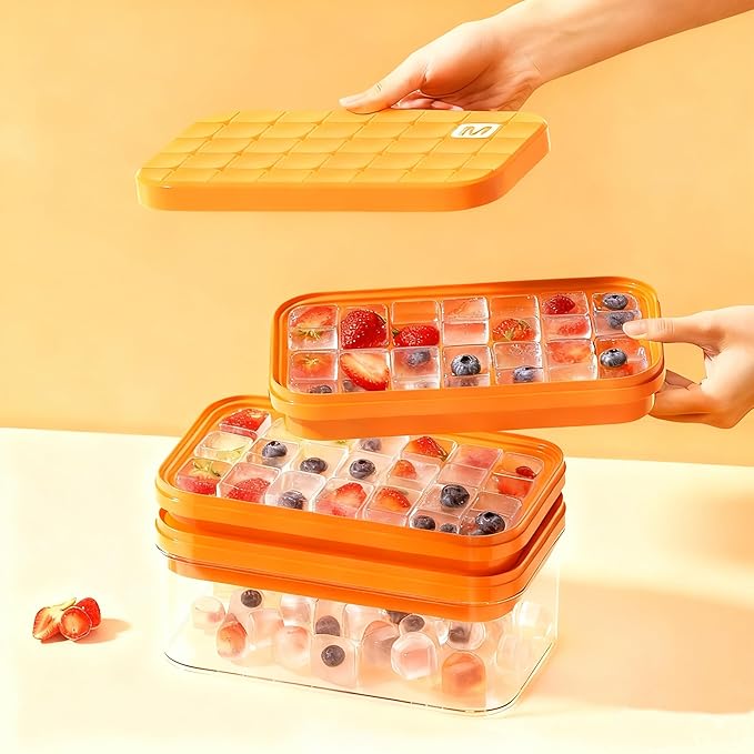 Effortless Ice Cube Tray, One-Second Release Ice Maker with Large Storage Bin and Ice Scoop, 2-Pack Stackable Silicone Trays Makes 56 Cubes, Odor-Free & Space-Saving for Cocktails & Coffee