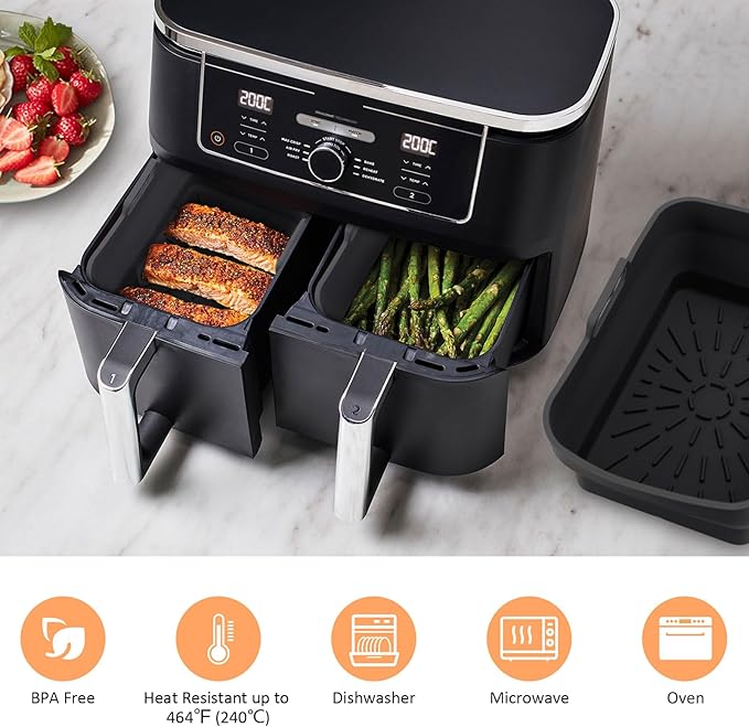 2Pcs Air Fryer Silicone Liners for Ninja SL401 /DZ201/ DZ401/ DZ550 8-10 QT, Reusable Liners for COSORI, Chefman, Instant Air Fryer, Silicone Air Fryer Basket Liners with Magnetic Cheat Sheet, Black