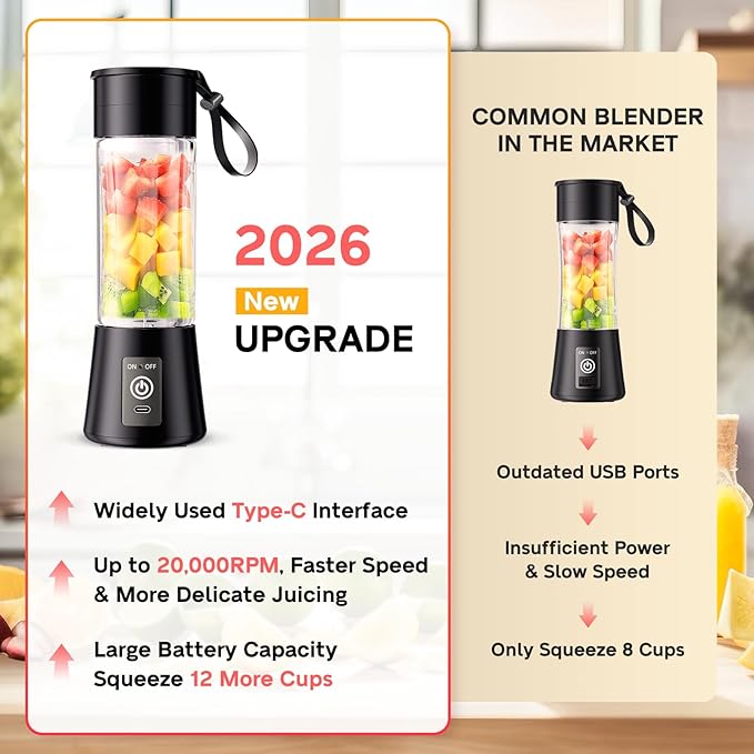 2026 Newly Upgraded Portable Smoothie Blender - Cordless Personal Blender Type-C Rechargeable, 13Oz Juice Cup BAP Free, 20,000Rpm Speed Powerful Blending, Freshly Squeezed in Sports/Office