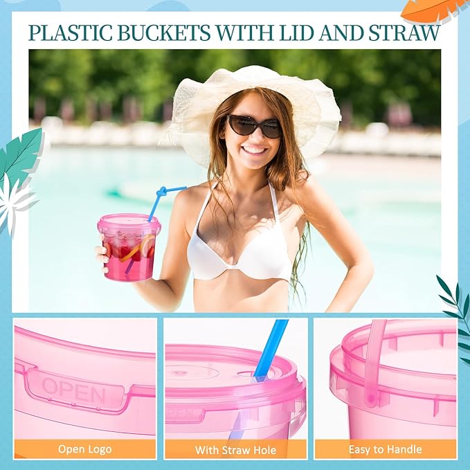 Funnymoom 48 Pack 32 oz Plastic Rum Buckets for Drinks with Straws Ice Cream Cocktail Bucket with Lids and Handles Reusable Food Containers Cup for Parties Summer Beach Bar Beer (Muticolor)