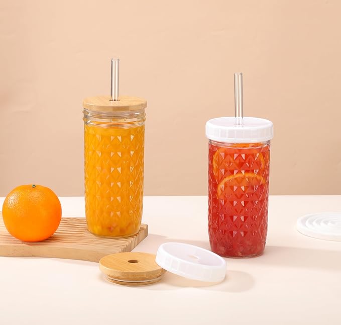 2 Pcs Glass Cups with Lids and Straws - 24oz Wide Mouth Mason Jar Drinking Glasses, Cute Reusable Smoothie cup, Iced Coffee Glasses, Travel Tumbler for Bubble Tea, Juice