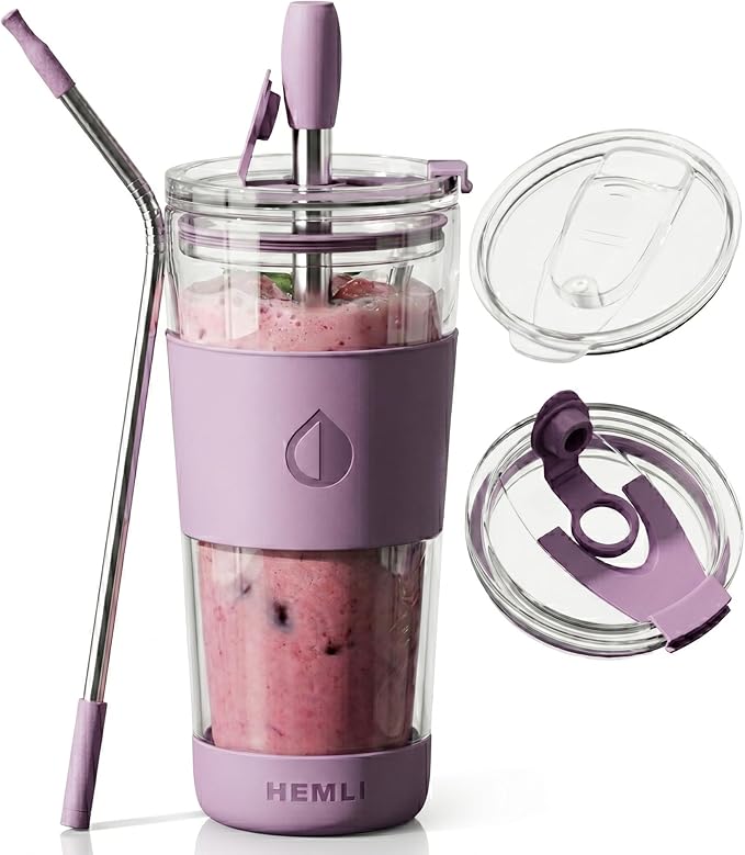 19 oz Clear Double Wall Borosilicate Glass Coffee Tumbler, to Go Travel Mug with Lid, Portable with Straw, Reusable Cup for Tea, Smoothies, Iced Coffee, and Boba
