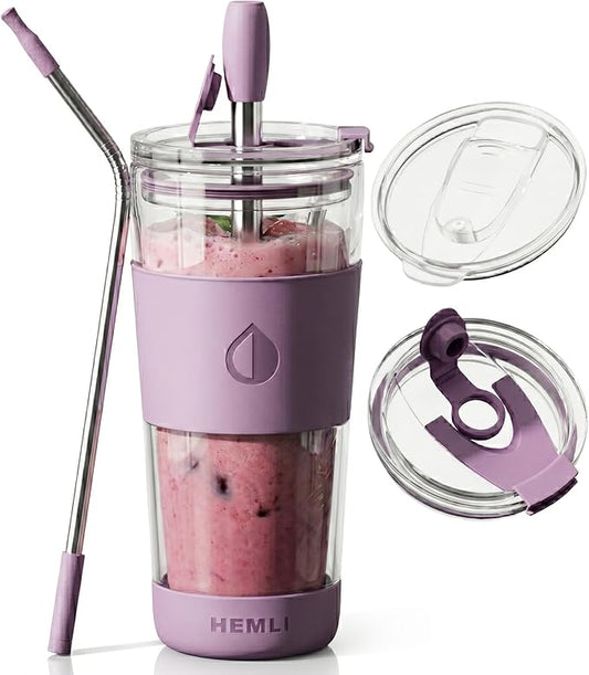 19 oz Clear Double Wall Borosilicate Glass Coffee Tumbler, to Go Travel Mug with Lid, Portable with Straw, Reusable Cup for Tea, Smoothies, Iced Coffee, and Boba