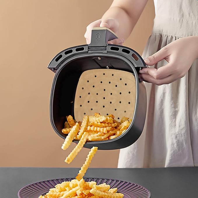 Numola 100 Pcs Air Fryer Liners Disposable Parchment Paper, 9 Inch Perforated Airfryer Sheets for Baking, Square Unbleached Non-Stick Steamer Liner for Oven, Microwave, Steaming Basket