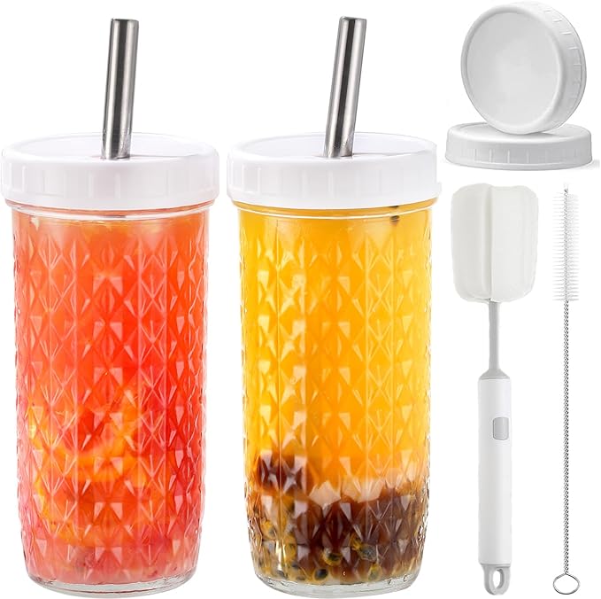 2 Pcs 24oz Glass Cups Set, Mason Jar Drinking Glasses with Lids and Straws & 2 Airtight Lids, Cute Reusable Smoothie cups, Iced Coffee Cups, Travel Tumbler for Bubble Tea, Juice, Gift