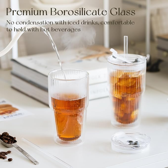 KEMORELA 16oz Ribbed Double Wall Glass Cups with Lid and Straw 2PCS, Coffee Bar Accessories，Insulated Borosilicate Glass Tumblers, To Go Iced Coffee Cups, Spill proof tumbler,tumblers & water glasses