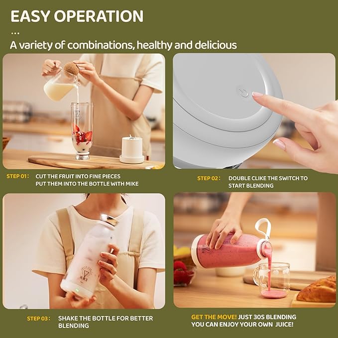 Asa Vea Mini Blender for Smoothies and Milkshakes, Portable Blender, Rechargeable, Personal Size Blender with Quota Outer Travel Lid with 6 Blades, 17 oz for Outdoors, Camping (White-550ml)