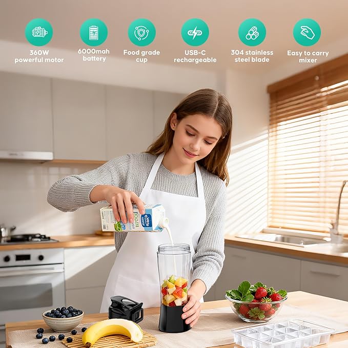 Portable Smoothie Blender,Cordless Blender Bottle Electric,24oz. Vessel,USB-C Rechargeable portable juicer, Electric Protein Shaker Bottles with Leakproof Lid, Ideal for Shakes and Frozen Drinks