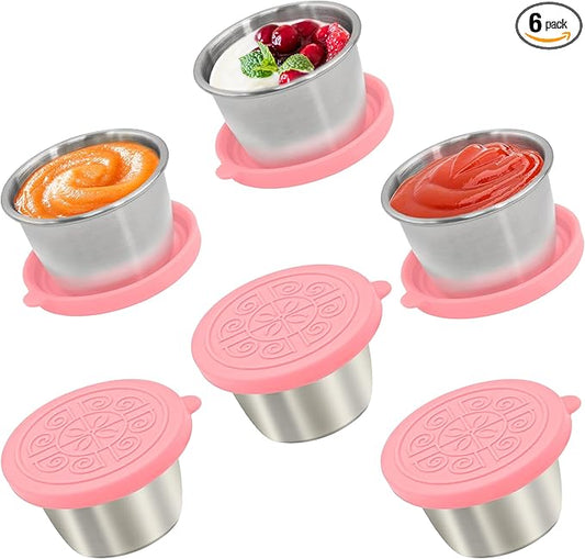 Qukaka 6x2.7 Oz Salad Dressing Container to Go,Handy Leakproof Stainless Steel Meal Prep Containers Reusable,Sauce Containers for Lunch Box, Picnics, Travel, Office and Kitchen Storage-Pink