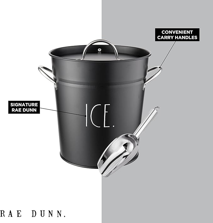 Rae Dunn Ice Bucket with Scoop - Stainless Steel Bucket with Handle, Lid and Ice Scooper - 4 Qt. Storage Bin for Ice Cubes for Bars, Parties, Backyard Barbeques, Picnics, and Camping (Black)