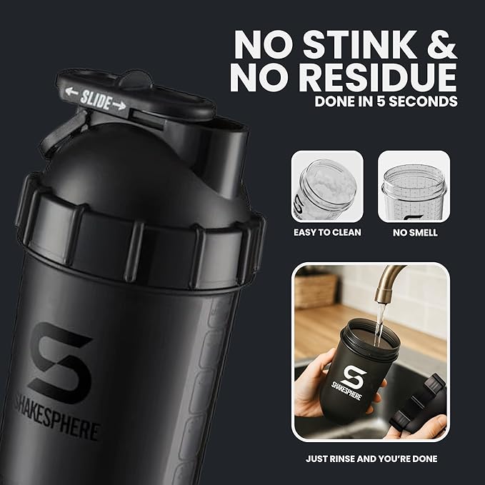 SHAKESPHERE Shaker Bottle - 24oz Leak-Proof Protein Shaker Bottle for Pre Workout, Smoothie and Powder Drink Mixes, No-Blade Mixer for Gym, BPA-Free, Easy Clean & Easy to Carry (Glossy Black)